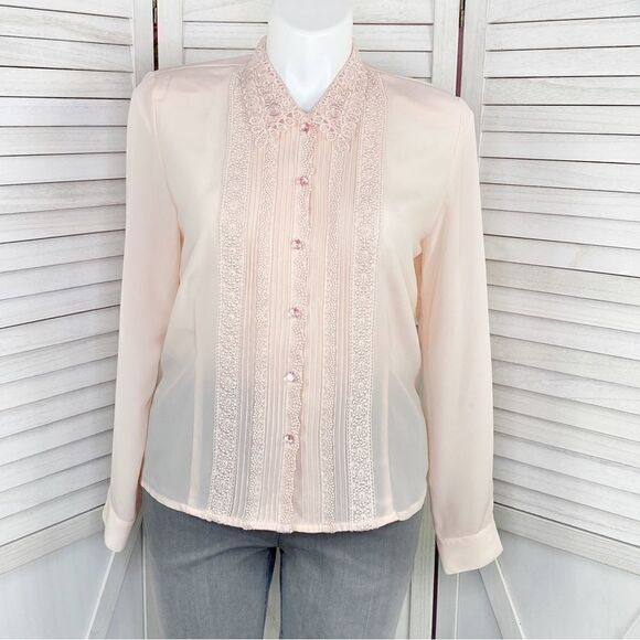 Kathy Che Vintage Sheer Lace Pleats Detail Blouse Peach Pink 12 - Picture 1 of 11